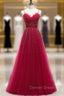 Burgundy Tulle Spagehtti Straps Beading Prom Dresses