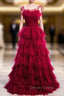 Burgundy Tulle Spagehtti Straps Pleats Tiers Prom Dresses