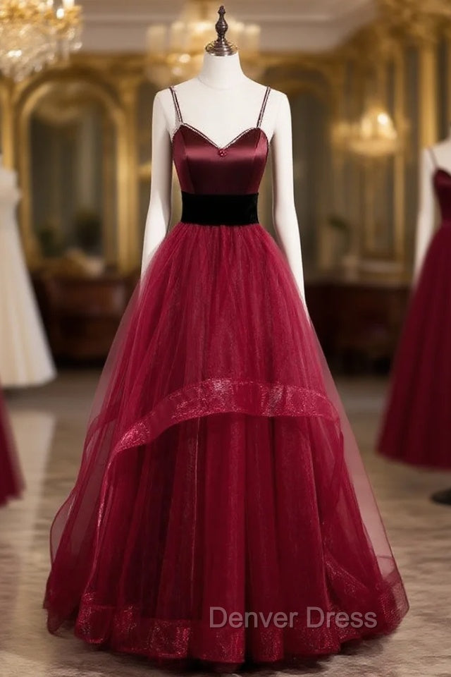 Burgundy Tulle Spaghetti Straps Backless Prom Dresses