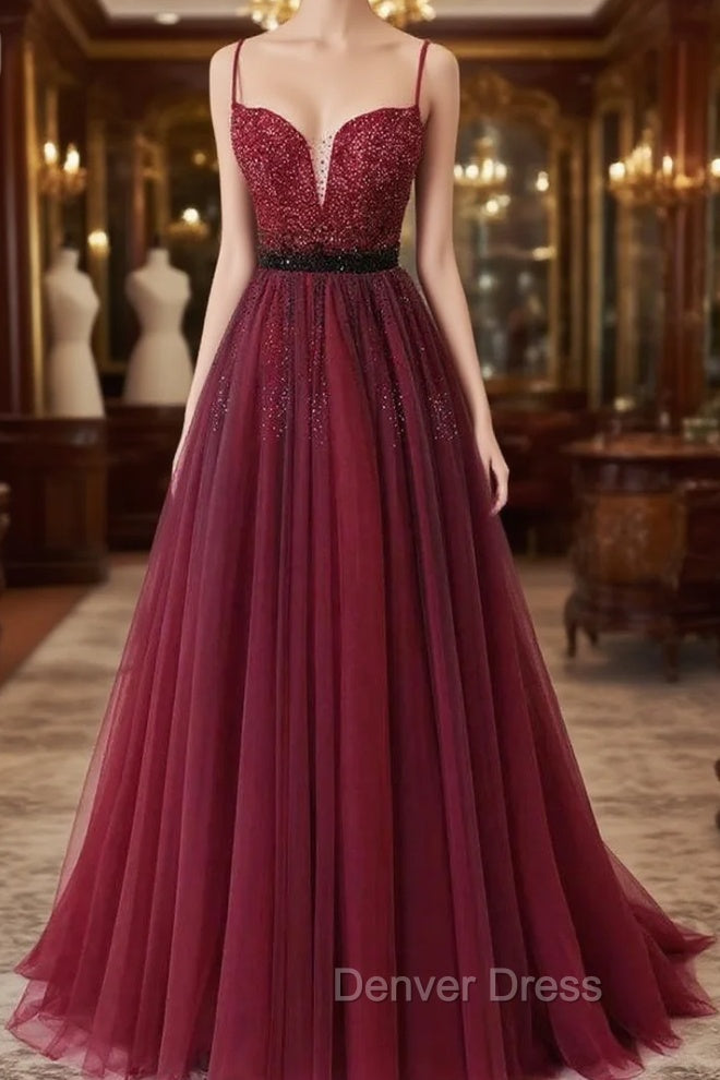Burgundy Tulle Spaghetti Straps Beaded Prom Dresses Main image