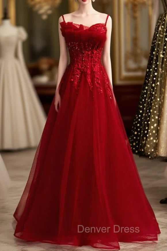 Burgundy Tulle Spaghetti Straps Beading Long Prom Dresses Main image
