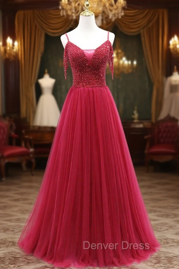 Burgundy Tulle Spaghetti Straps Beading Prom Dressess