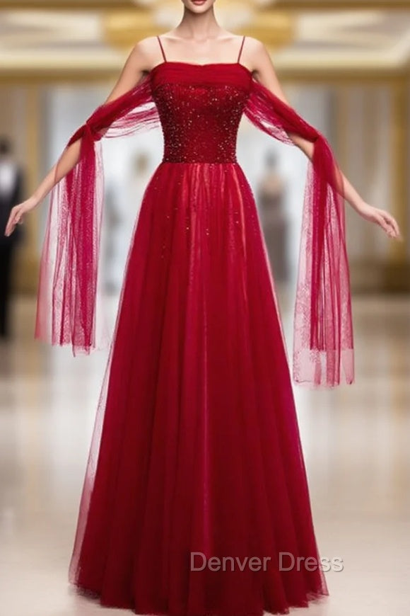 Burgundy Tulle Spaghetti Straps Beading Sequins Prom Dresses