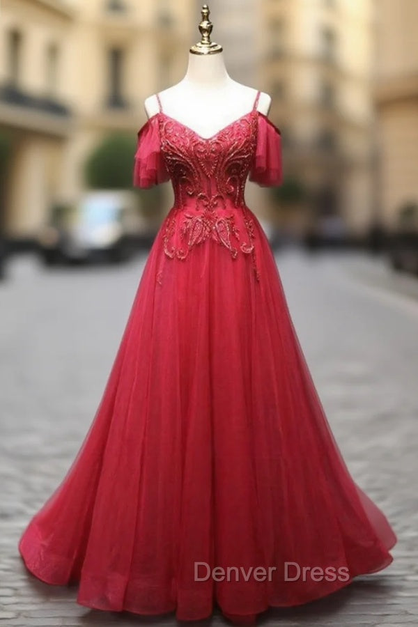 Burgundy Tulle Spaghetti Straps Lace Beading Prom Dresses Main image