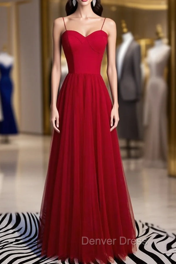 Burgundy Tulle Spaghetti Straps Long Prom Dresses Main image