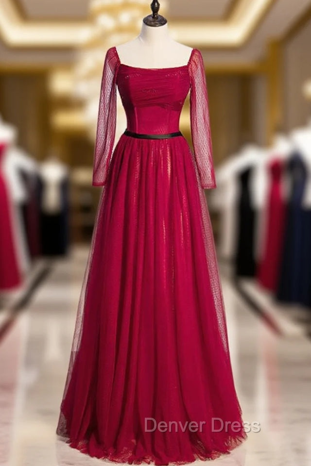 Burgundy Tulle Square Long Sleeve Prom Dresses