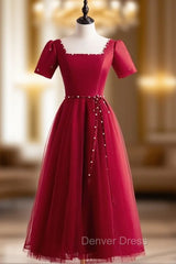 Burgundy Tulle Square Short Sleeve Pearls Prom Dresses
