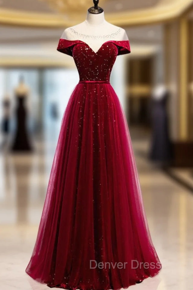 Burgundy Tulle Star Sequins Cap Sleeve Prom Dresses Main image