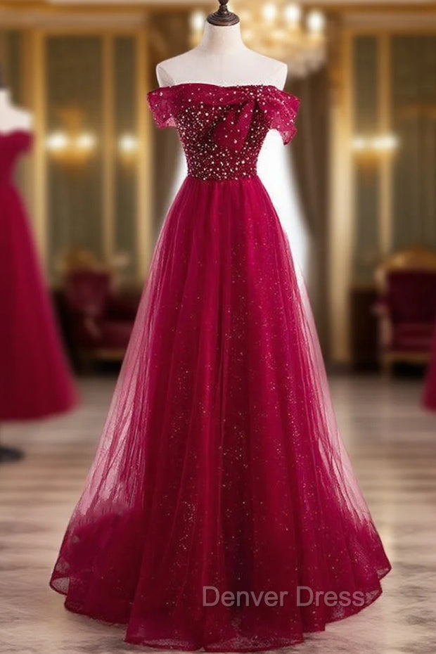 Burgundy Tulle Star Sequins Off the Shoulder Beading Prom Dresses Main image