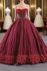 Burgundy Tulle Strapless Beading Feather Prom Dresses