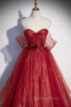 Burgundy Tulle Strapless Floor Length Prom Dress, A Line Prom Graduation Dresses