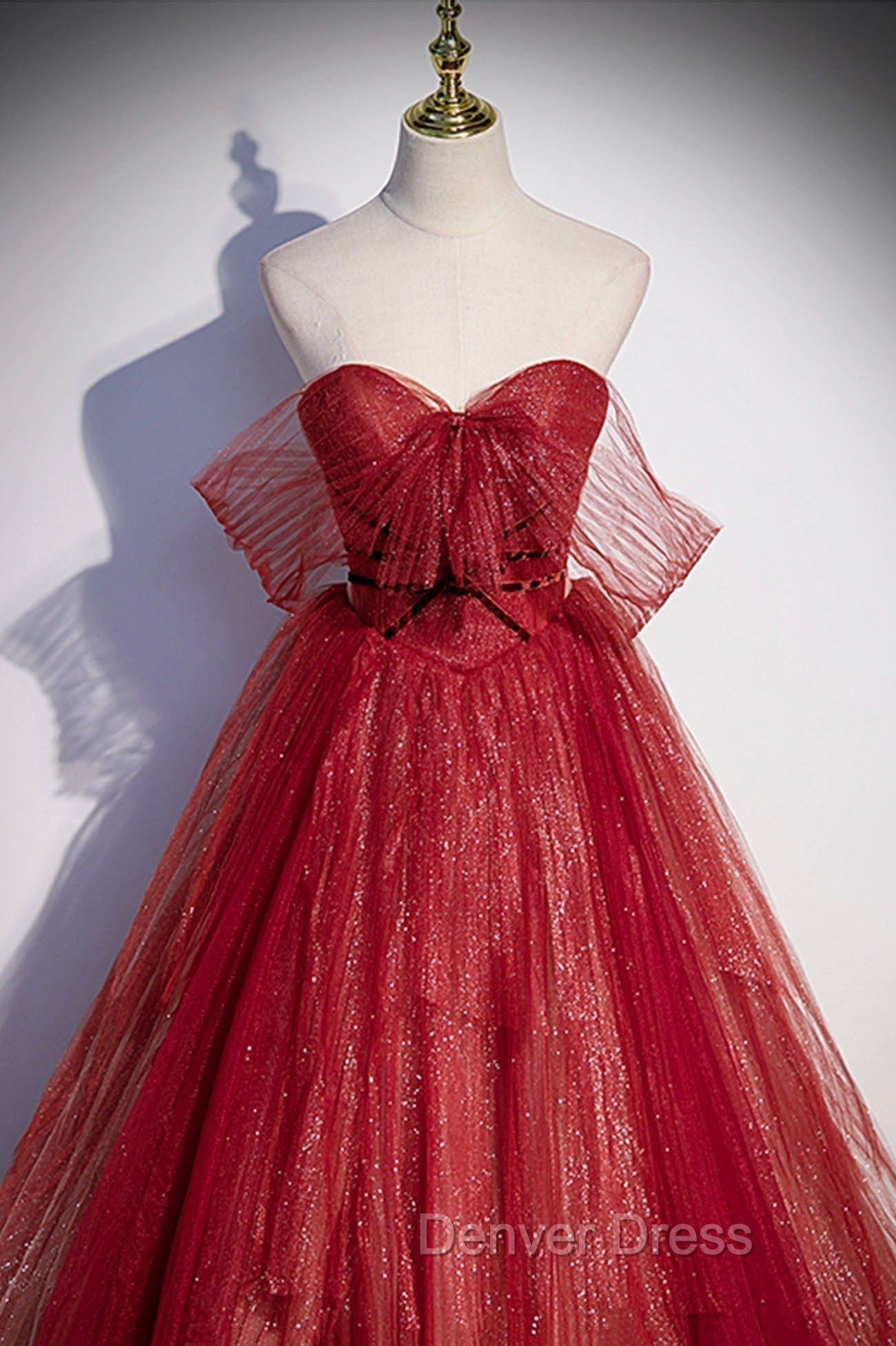 Burgundy Tulle Strapless Floor Length Prom Dress, A Line Prom Graduation Dresses