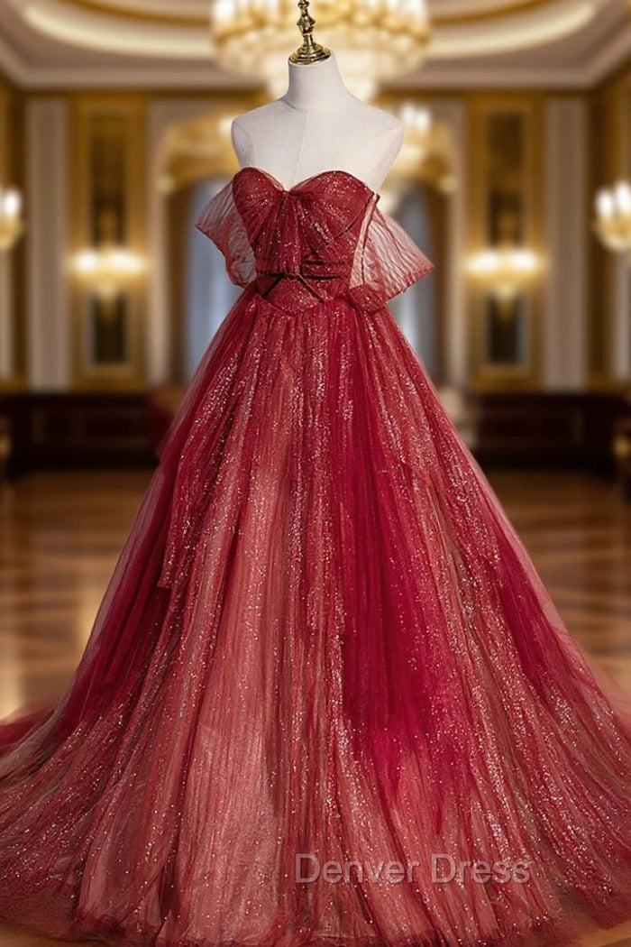 Burgundy Tulle Strapless Floor Length Prom Dress, A Line Prom Graduation Dresses