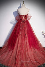 Burgundy Tulle Strapless Floor Length Prom Dress, A Line Prom Graduation Dresses