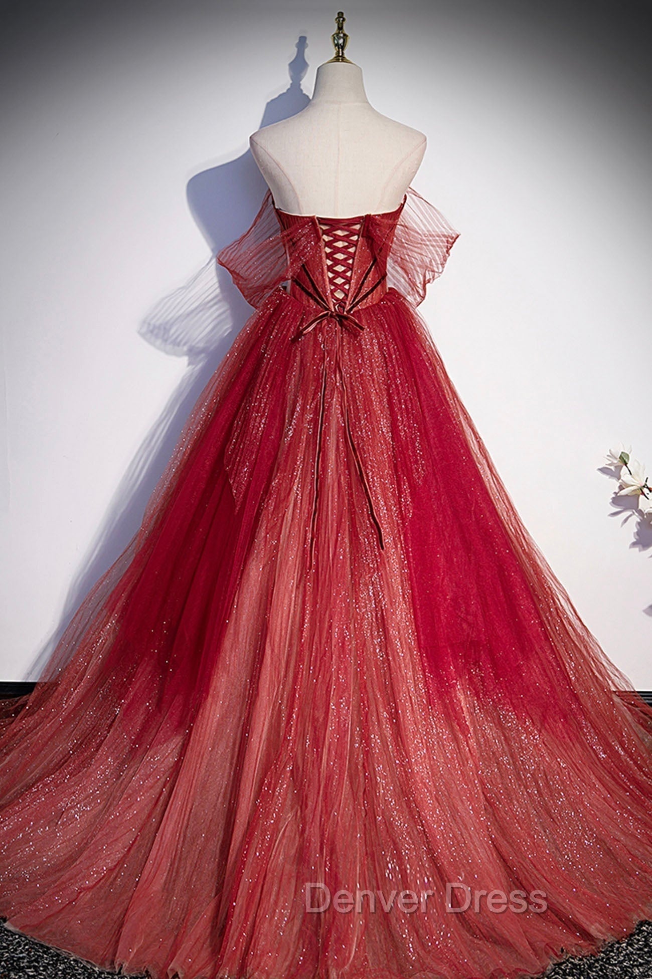 Burgundy Tulle Strapless Floor Length Prom Dress, A Line Prom Graduation Dresses