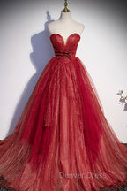 Burgundy Tulle Strapless Floor Length Prom Dress, A Line Prom Graduation Dresses