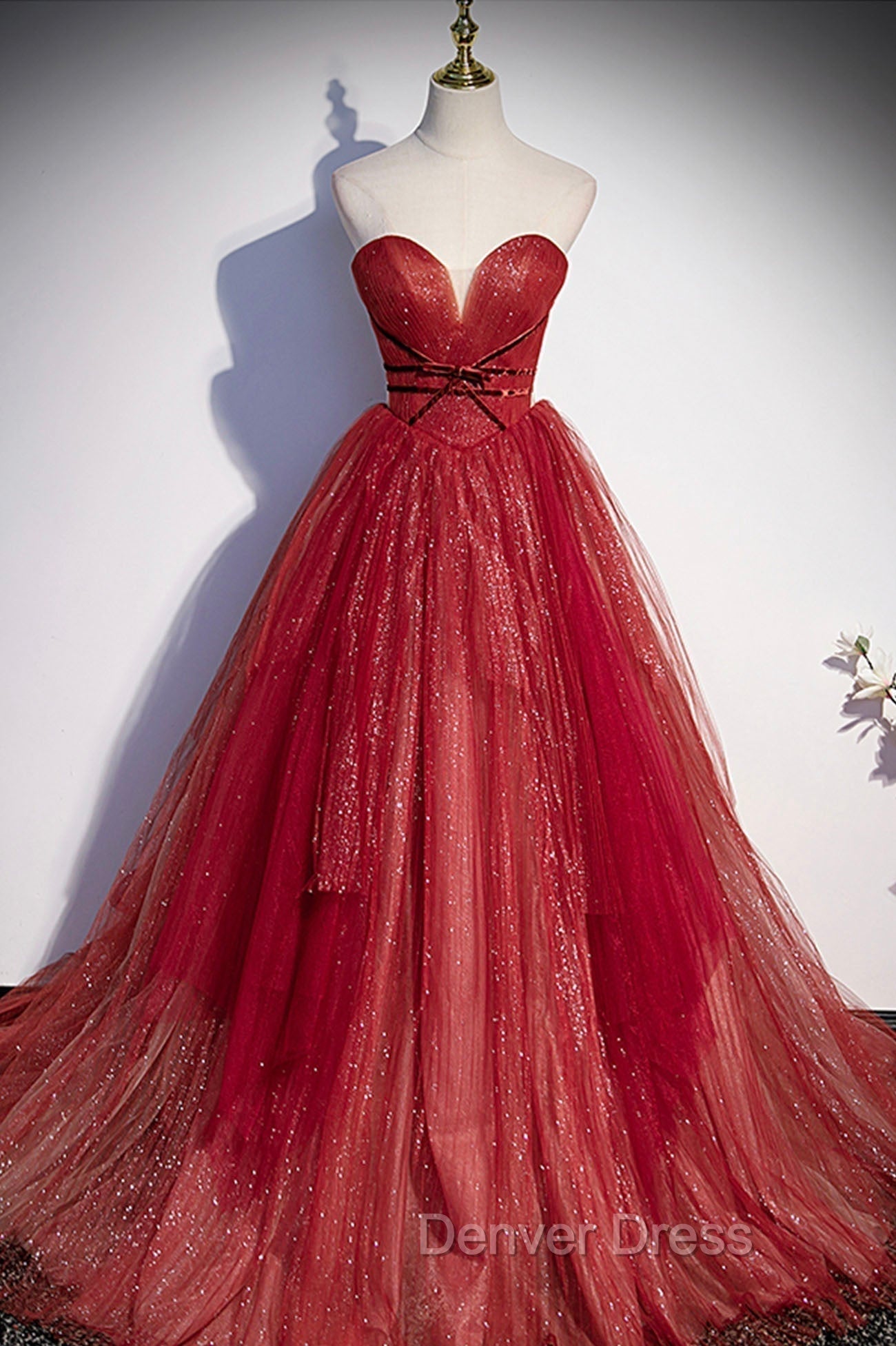 Burgundy Tulle Strapless Floor Length Prom Dress, A Line Prom Graduation Dresses