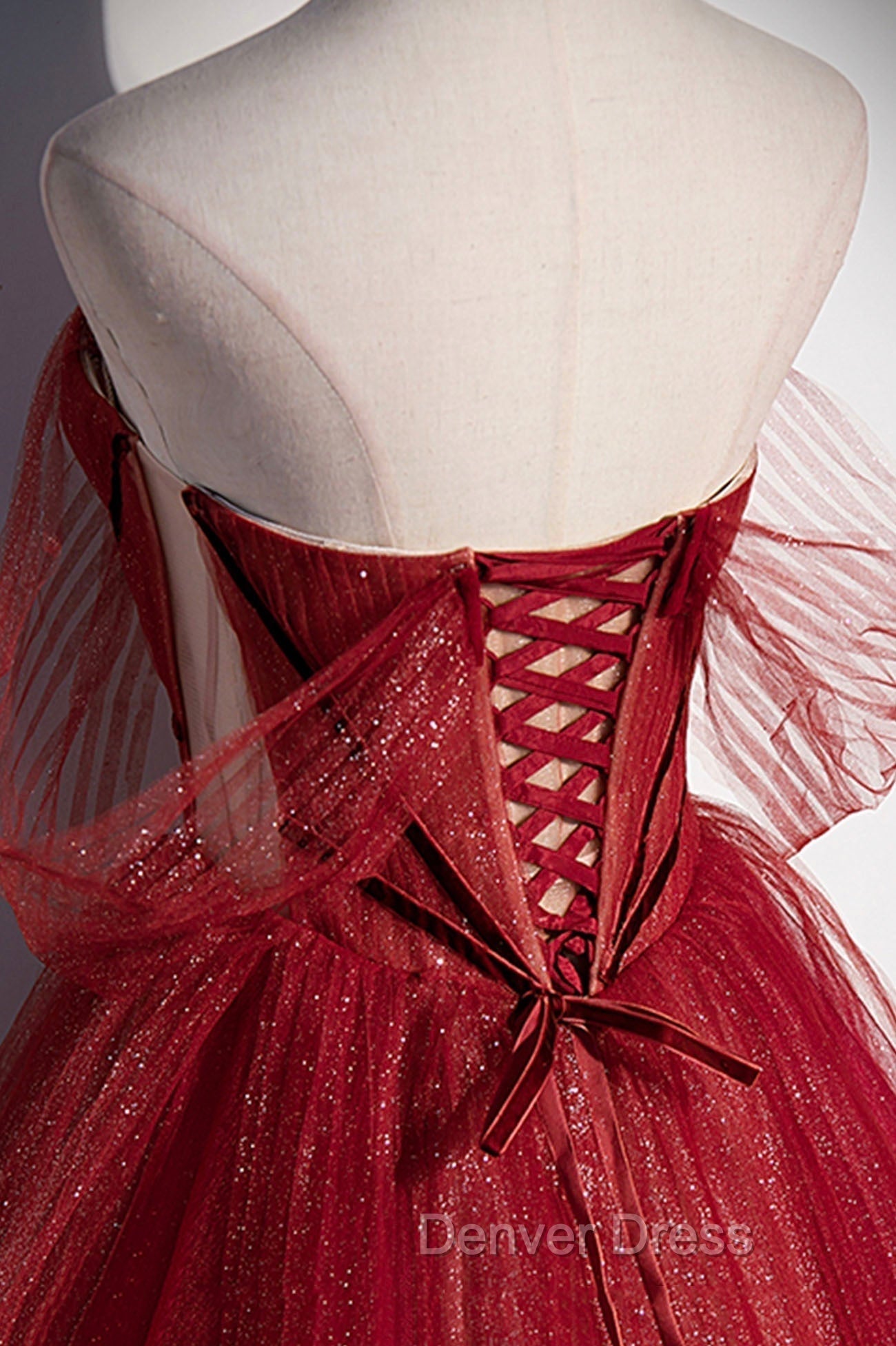 Burgundy Tulle Strapless Floor Length Prom Dress, A Line Prom Graduation Dresses