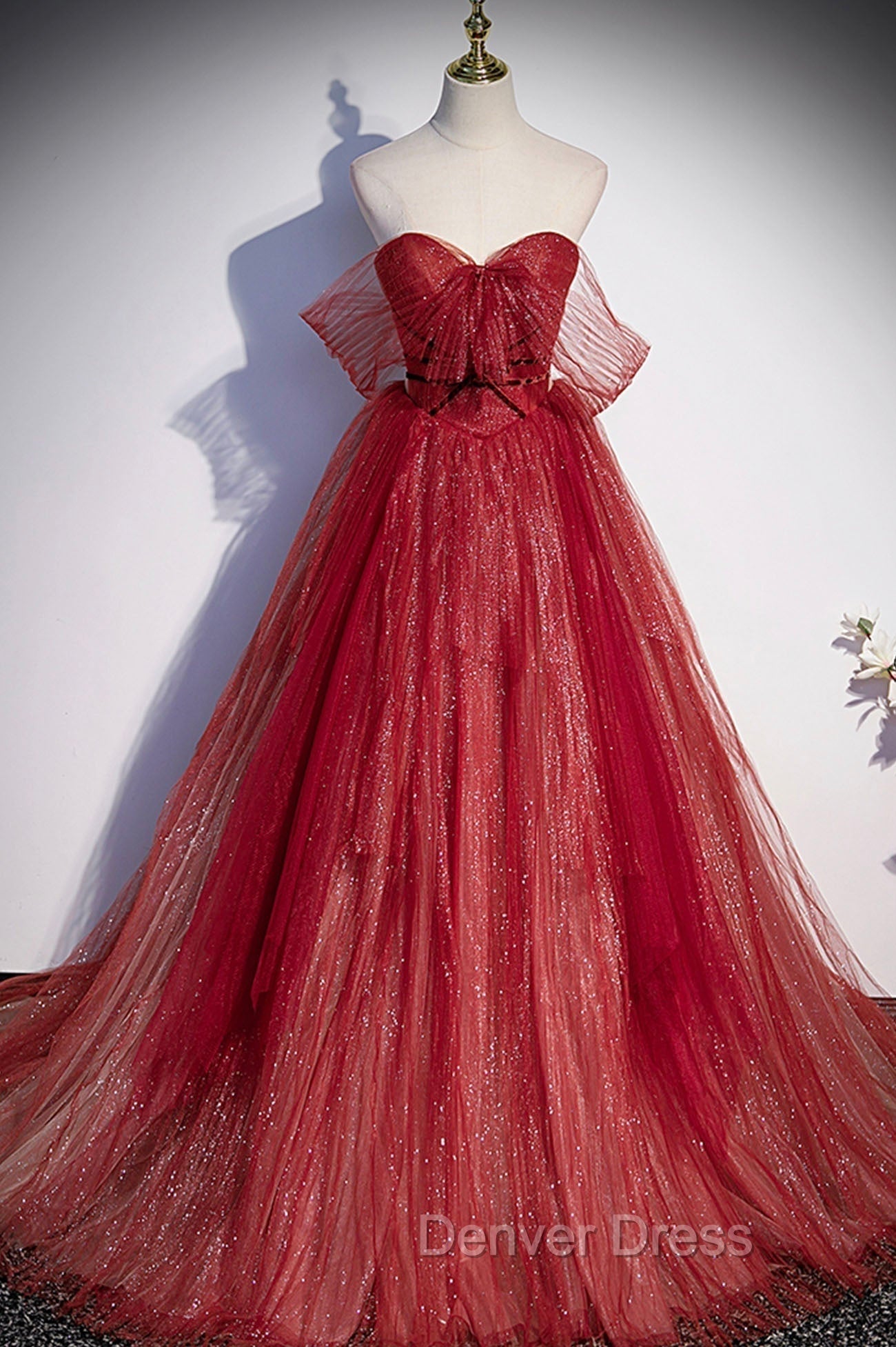 Burgundy Tulle Strapless Floor Length Prom Dress, A Line Prom Graduation Dresses