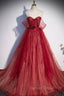 Burgundy Tulle Strapless Floor Length Prom Dress, A Line Prom Graduation Dresses
