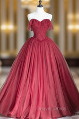 Burgundy Tulle Strapless Pleats Prom Dresses
