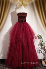 Burgundy Tulle Strapless Prom Dresses