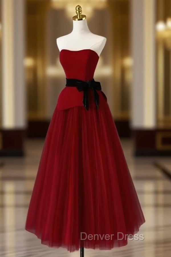 Burgundy Tulle Strapless Tea Length Prom Dresses