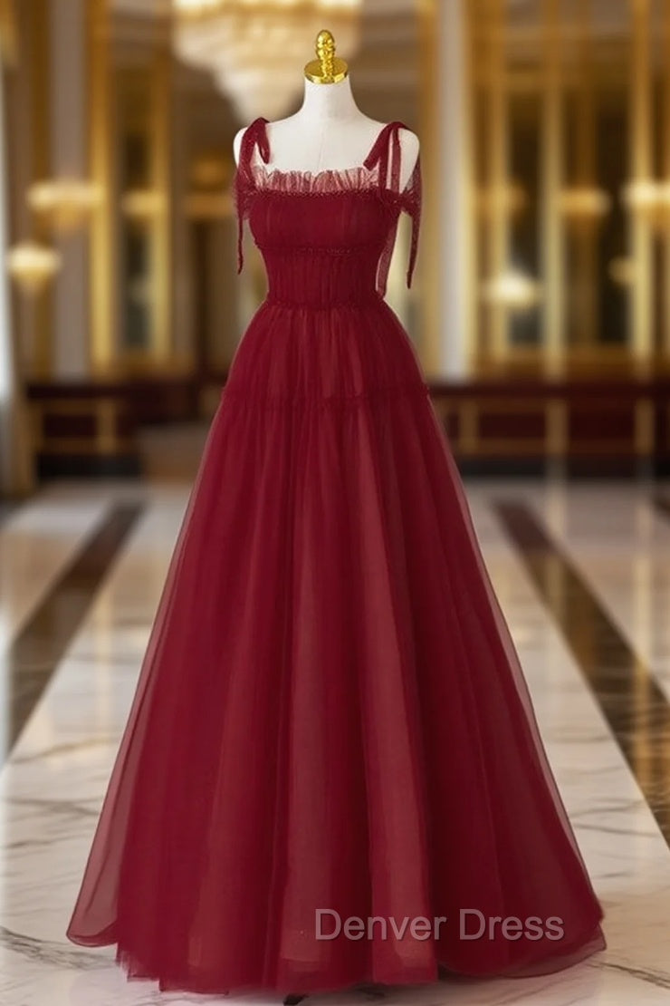 Burgundy Tulle Straps Beading Prom Dresses
