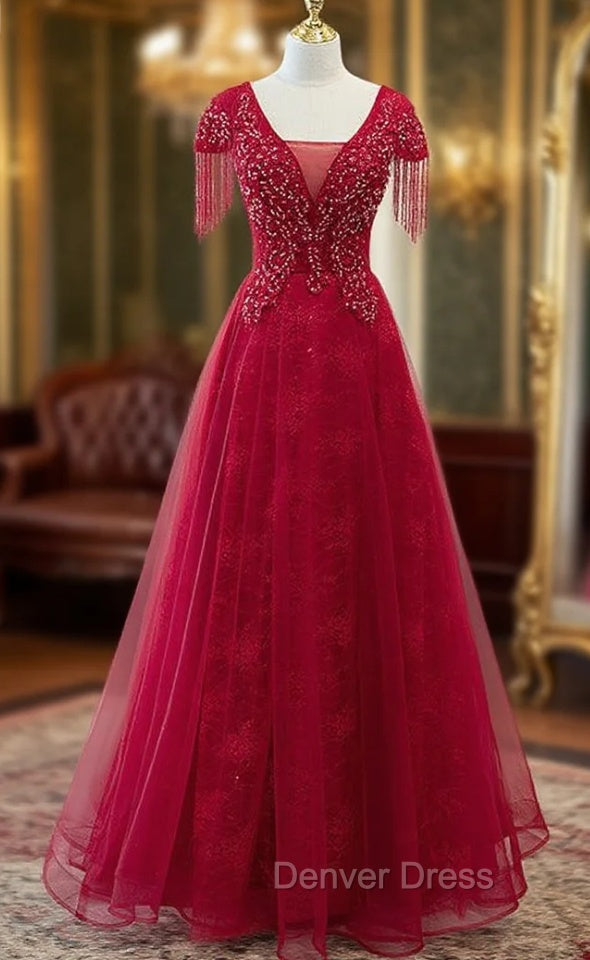 Burgundy Tulle V Neck Cap Sleve Beading Prom Dresses