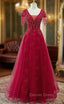 Burgundy Tulle V Neck Cap Sleve Beading Prom Dresses
