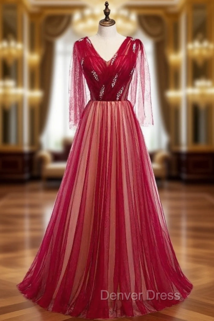 Burgundy Tulle V Neck Pleats Beading Prom Dresses