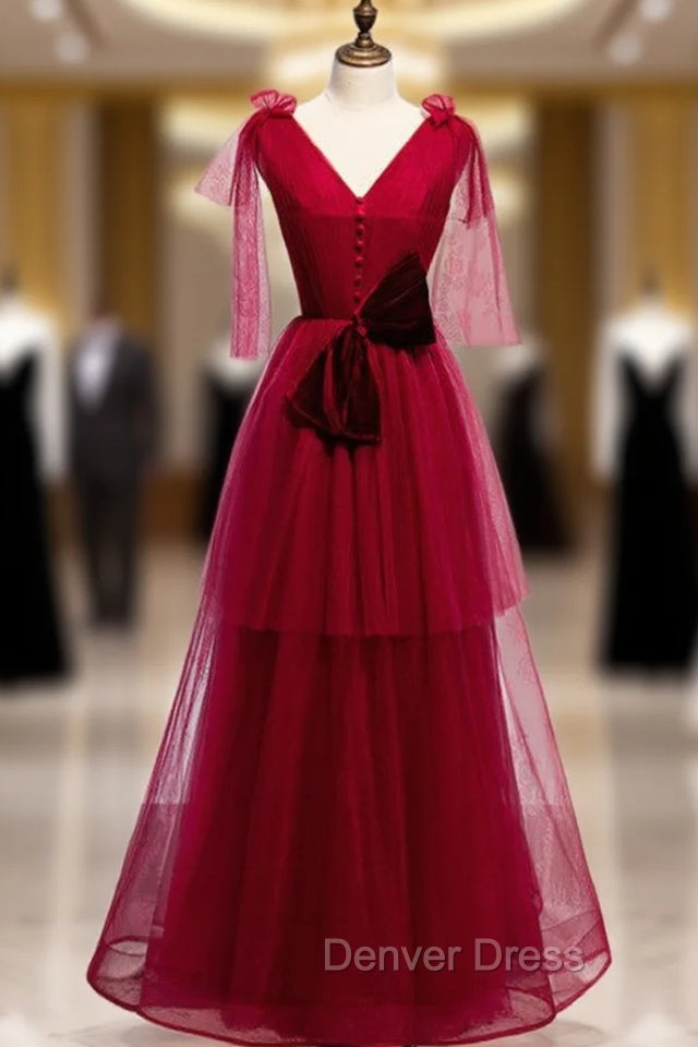 Burgundy Tulle V-neck Pleats Long Prom Dresses With Bow