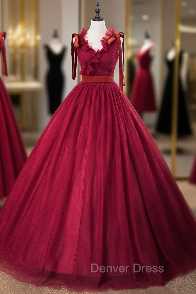 Burgundy Tulle V Neck Pleats Quinceanera Dresses