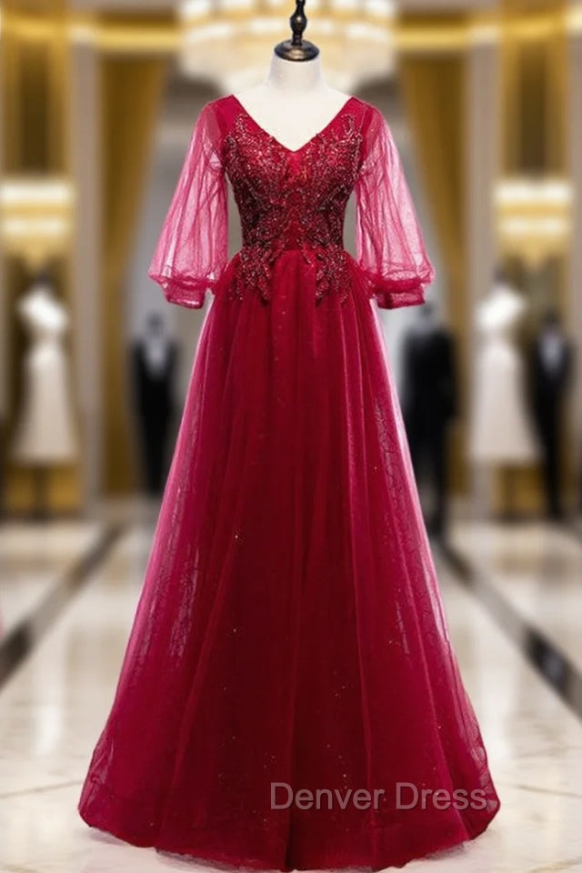 Burgundy Tulle V Neck Puff Sleeve Beading Prom Dresses