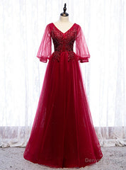 Burgundy Tulle V-neck Puff Sleeve Beading Prom Dress