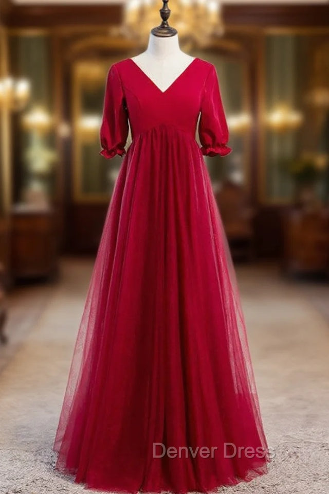 Burgundy Tulle V Neck Short Sleeve High Waist Prom Dresses