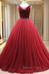 Burgundy Tulle Velvet Backles Beading Prom Dresses