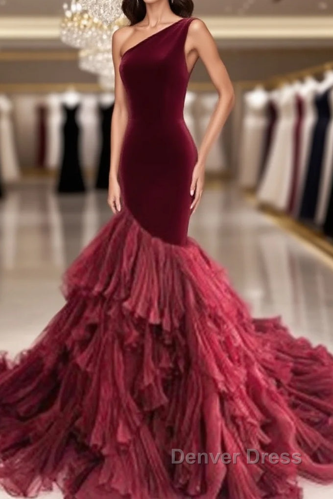 Burgundy Tulle Velvet Long Mermaid Dresses Formal Prom Dresses