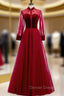Burgundy Tulle Velvet Long Sleeve Button Prom Dresses