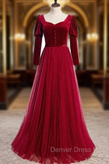 Burgundy Tulle Velvet Long Sleeve Square Long Prom Dresses