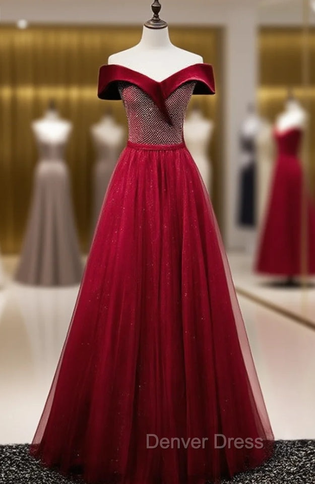 Burgundy Tulle Velvet Off the Shoulder Prom Dresses