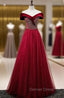 Burgundy Tulle Velvet Off the Shoulder Prom Dresses