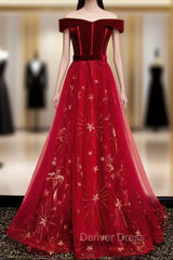 Burgundy Tulle Velvet Off the Shoulder Prom Dresses