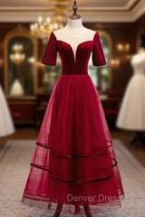 Burgundy Tulle Velvet Short Sleeve Ankle Length Prom Dresses