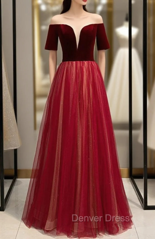 Burgundy Tulle Velvet Short Sleeve Backless Prom Dresses