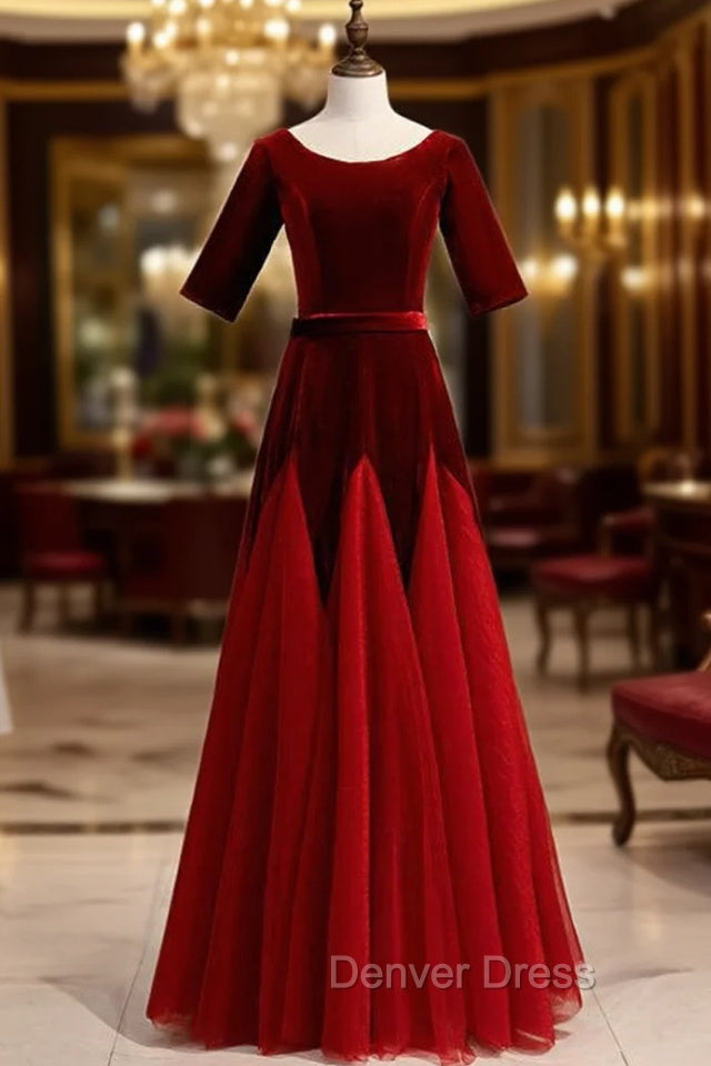 Burgundy Tulle Velvet Short Sleeve Prom Dresses