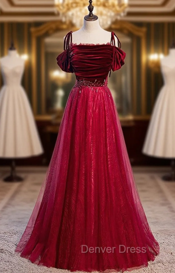 Burgundy Tulle Velvet Spaghetti Straps Beading Prom Dresses Main image