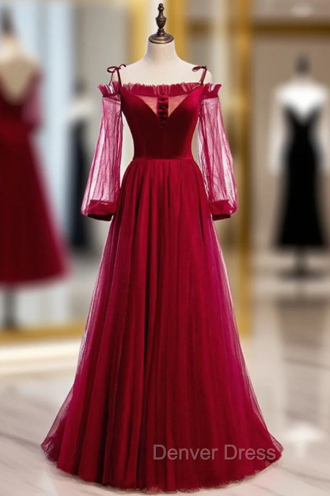 Burgundy Tulle Velvet Spaghetti Straps Long Sleeve Prom Dresses