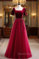 Burgundy Tulle Velvet Square Short Sleeve Prom Dresses