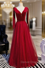 Burgundy Tulle Velvet V-neck Beading Prom Dresses With Bow